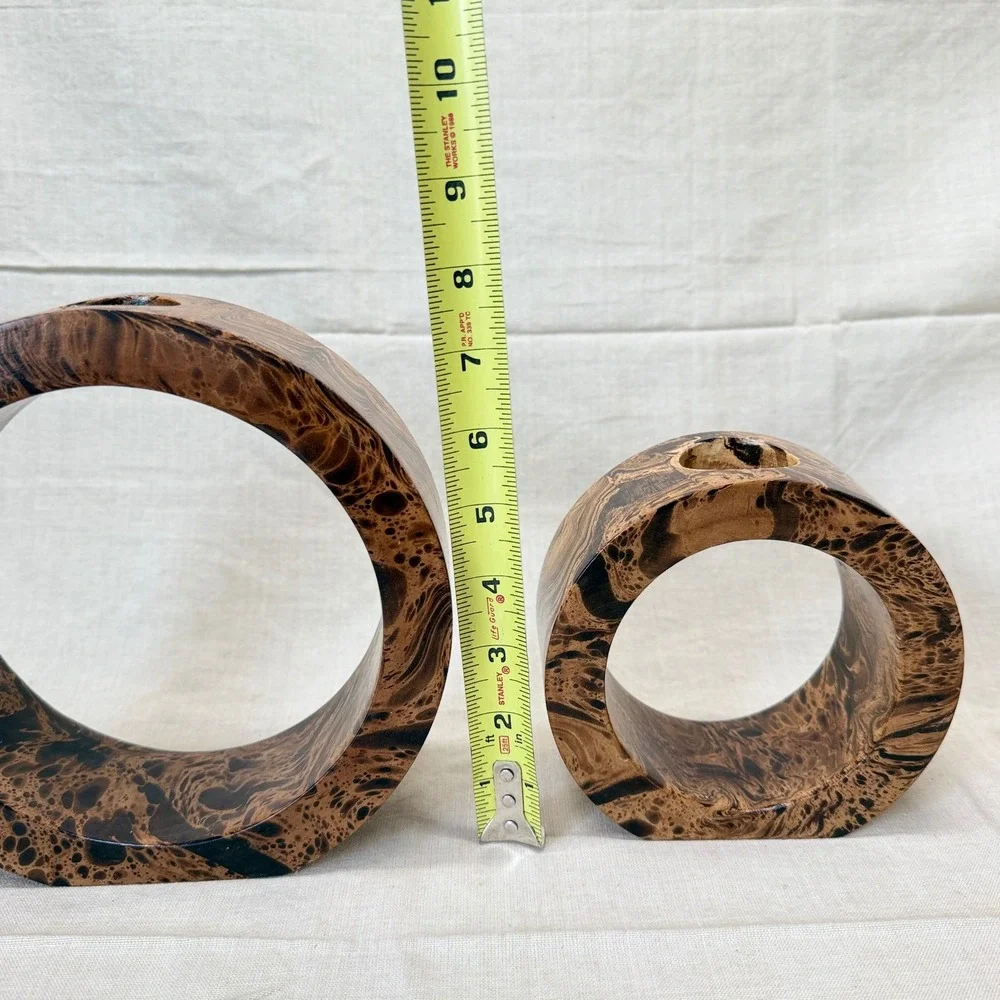 Vintage Postmodern Burl Wood Style Candle Holder Set, 1980s